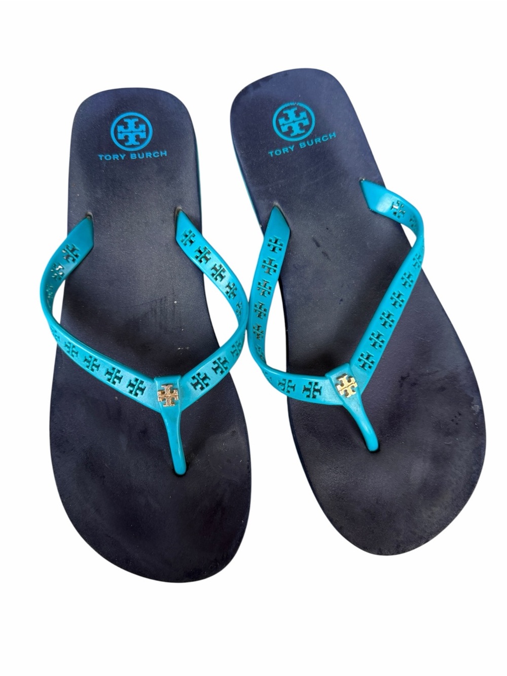 Tory Burch Blue & Teal Logo Flip Flops